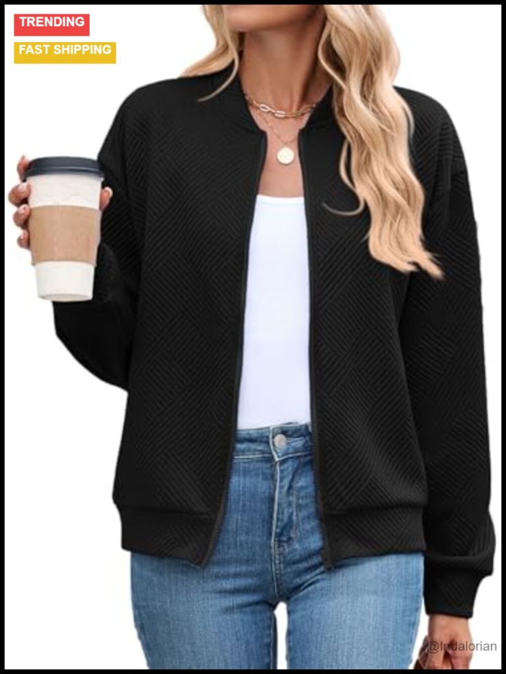 Women's Textured Bomber Jacket Lightweight Zip Front Casual Outerwear